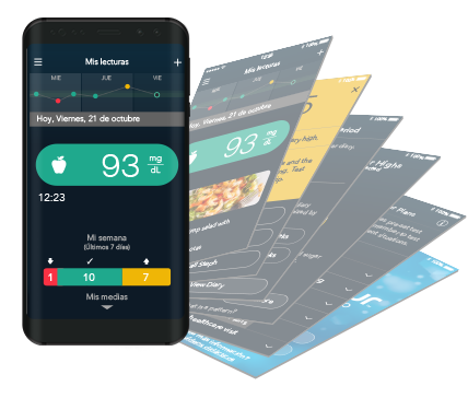 Pantalla de CONTOUR®DIABETES app en un teléfono móvil con distintas pantallas de aplicaciones junto al teléfono.